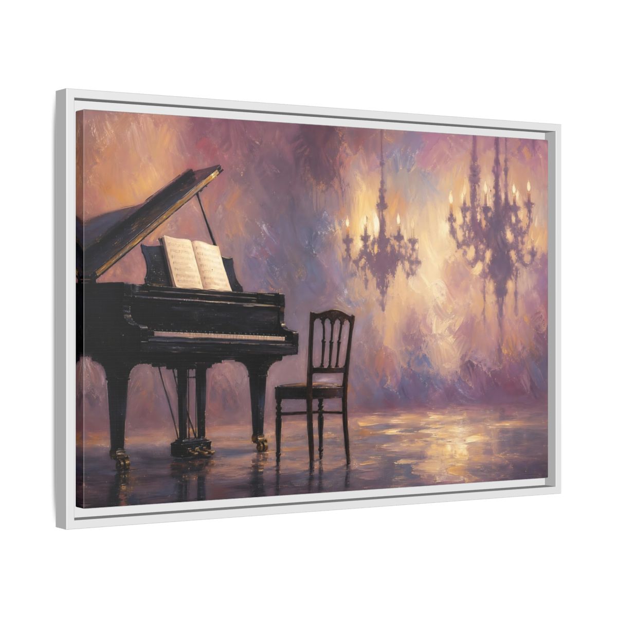 Side Mockup 10. Abstract Piano Purple Gold Piano shown as framed canvas print