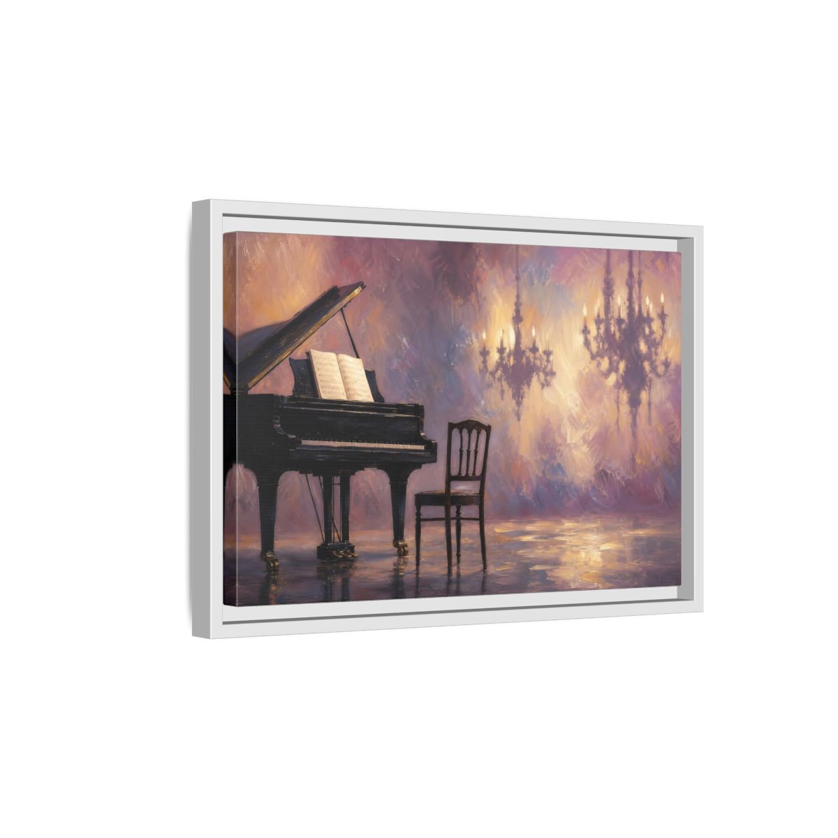 Side Mockup 4. Abstract Piano Purple Gold Piano shown as framed canvas print