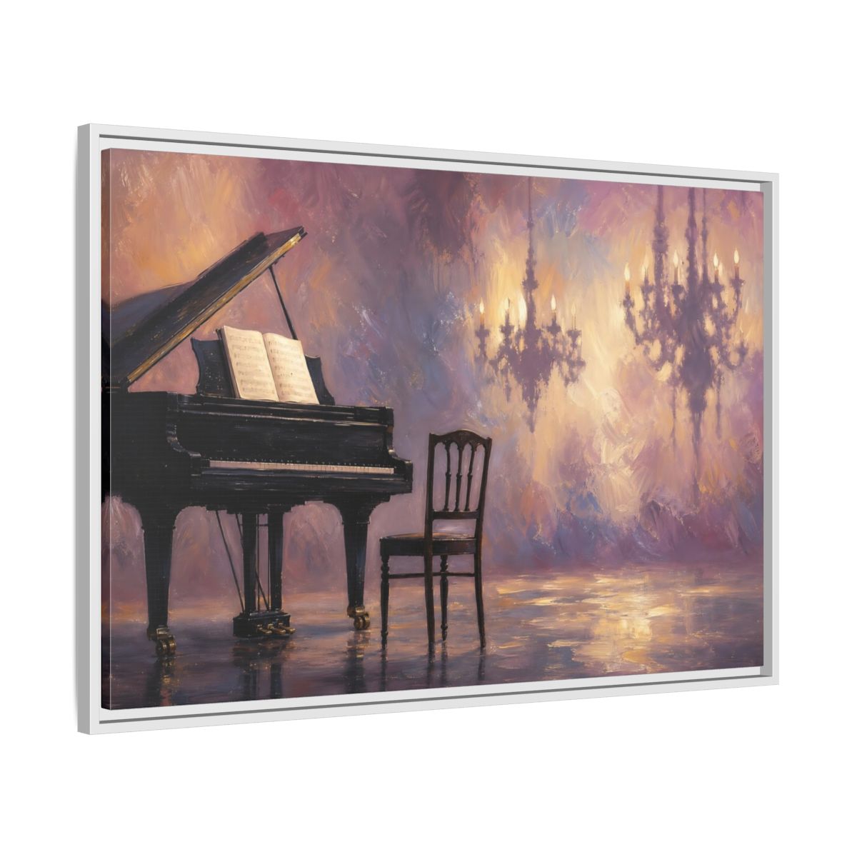 Side Mockup 9. Abstract Piano Purple Gold Piano shown as framed canvas print