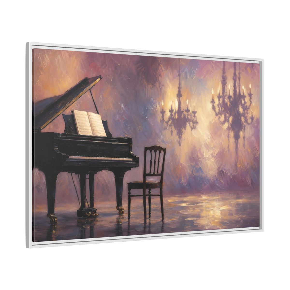 Side Mockup 7. Abstract Piano Purple Gold Piano shown as framed canvas print