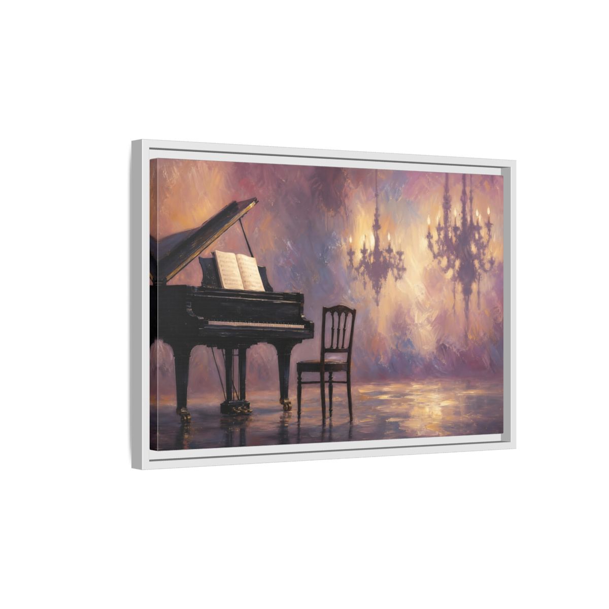 Side Mockup 1. Abstract Piano Purple Gold Piano shown as framed canvas print