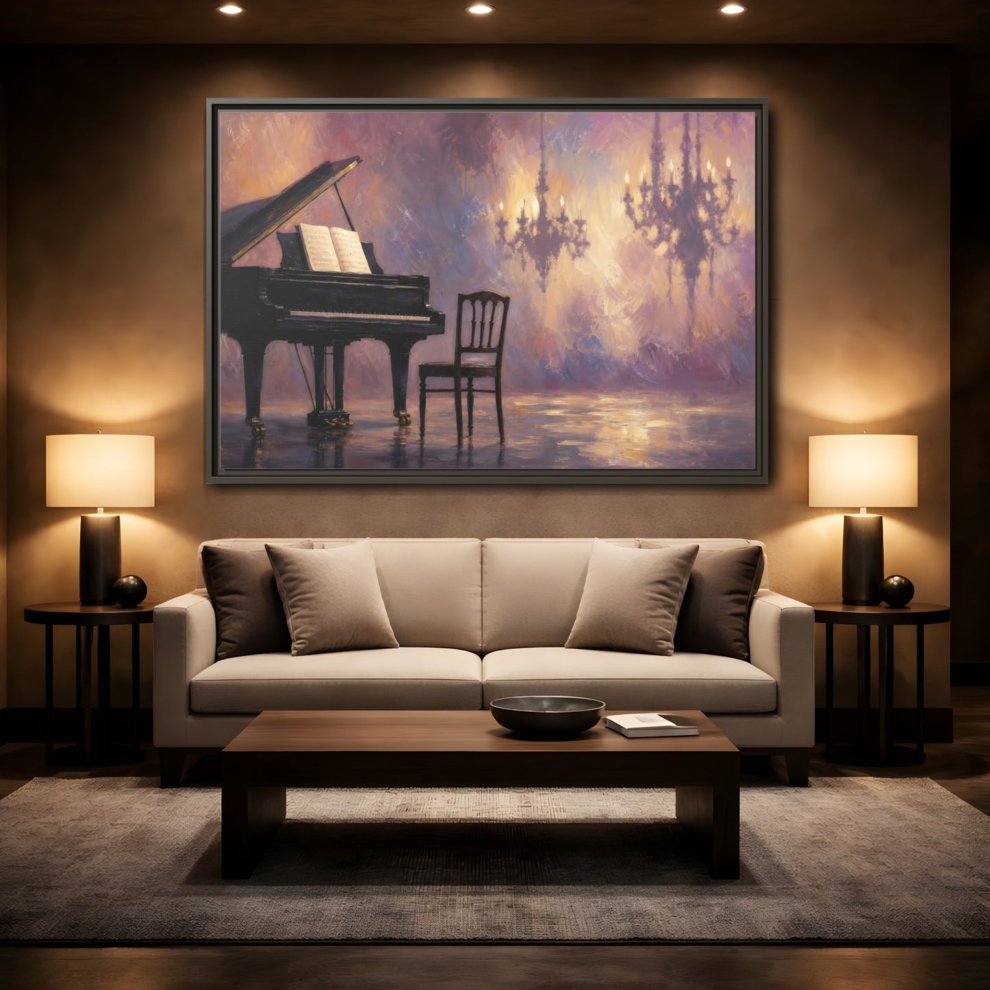 Mockup 2. Abstract Piano Purple Gold Piano shown as framed canvas print