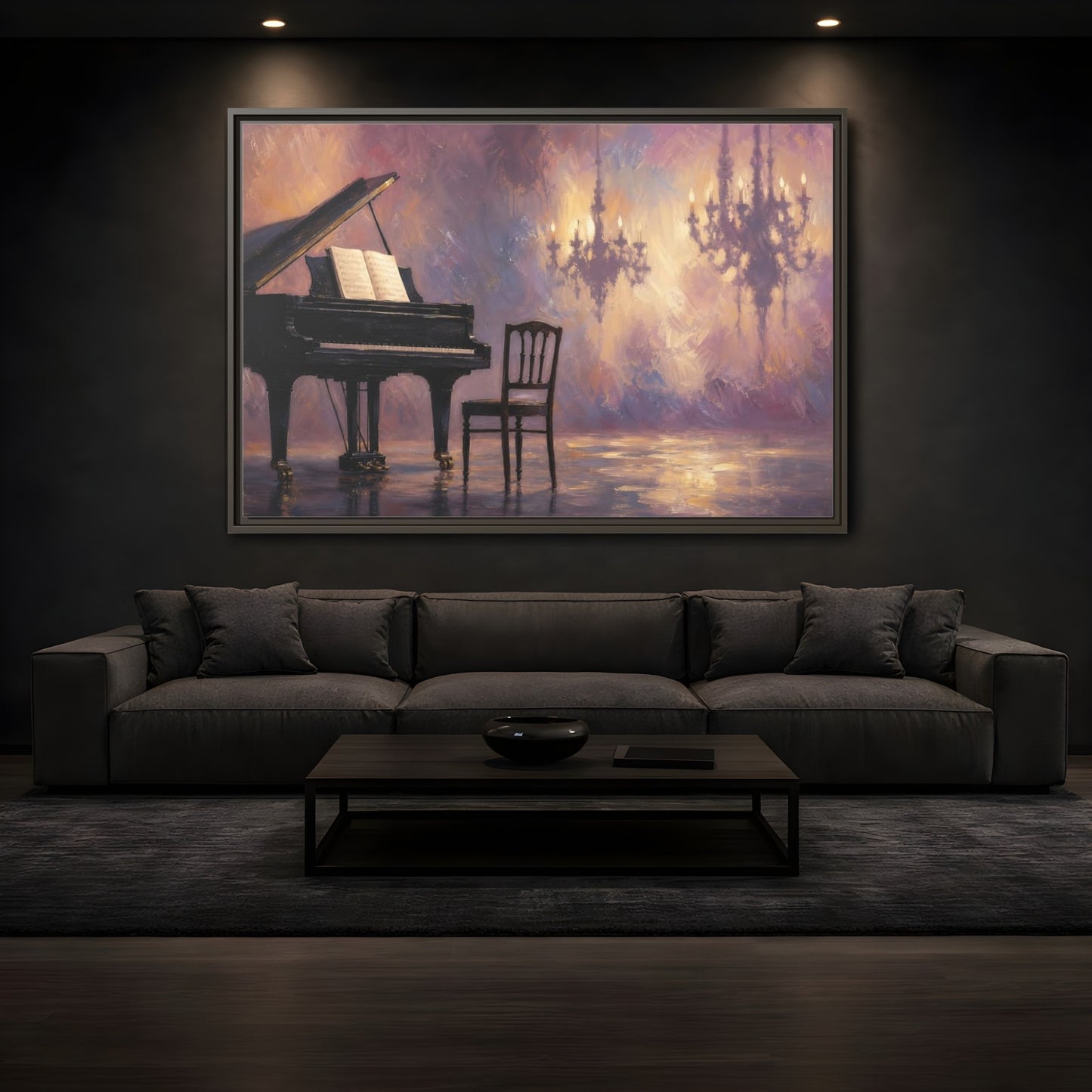 Mockup 3. Abstract Piano Purple Gold Piano shown as framed canvas print