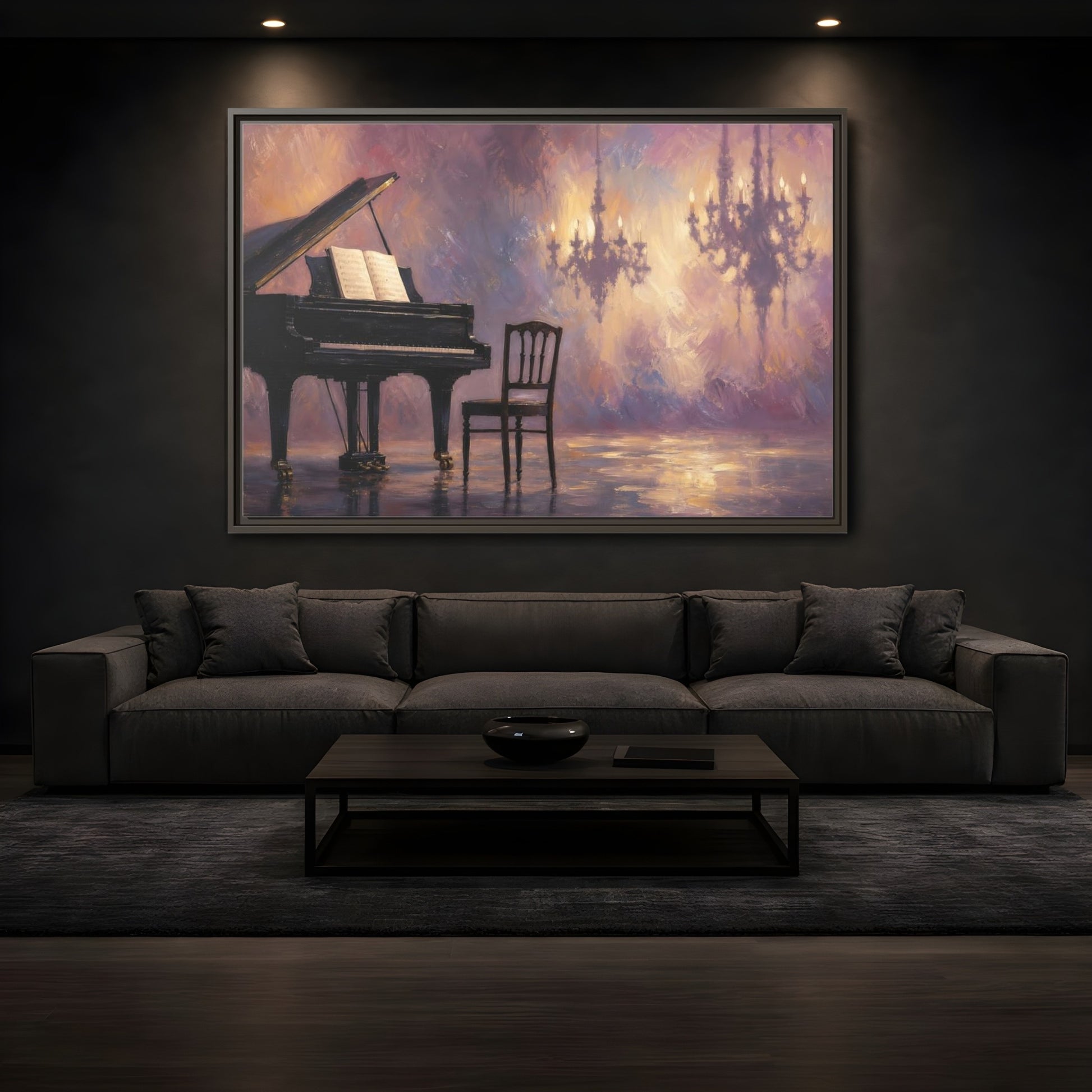 Mockup 3. Abstract Piano Purple Gold Piano shown as framed canvas print