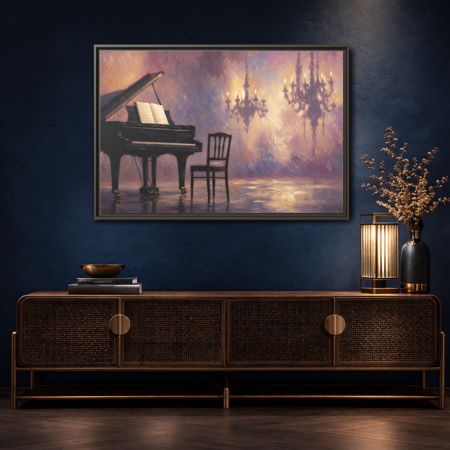 Mockup 4. Abstract Piano Purple Gold Piano shown as framed canvas print