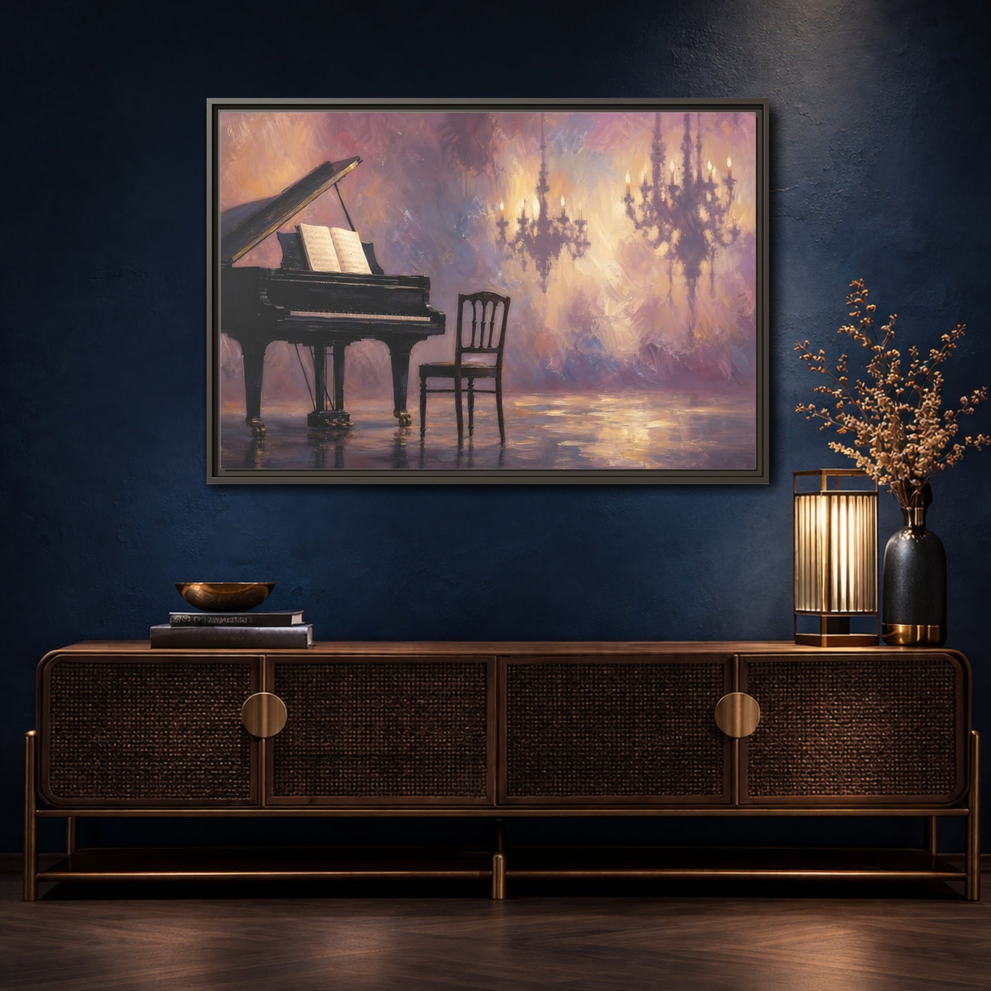 Mockup 4. Abstract Piano Purple Gold Piano shown as framed canvas print