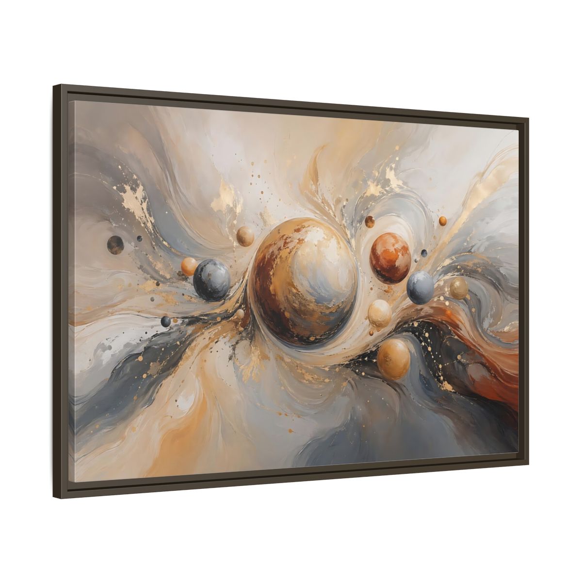 Main Mockup. Abstract Planets Brown And Gold shown as stretched canvas wall art