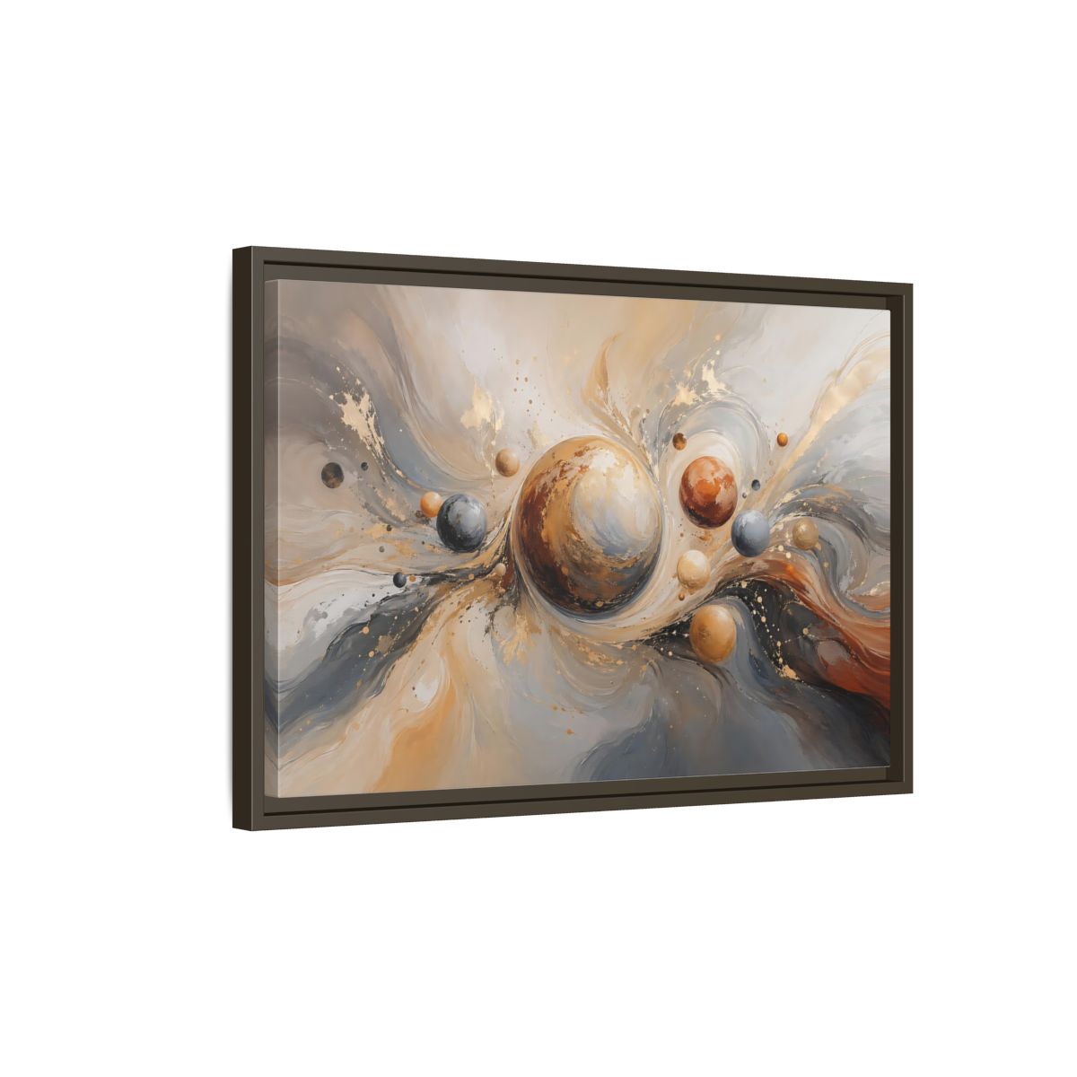 Side Mockup 2. Abstract Planets Brown And Gold shown as stretched canvas wall art