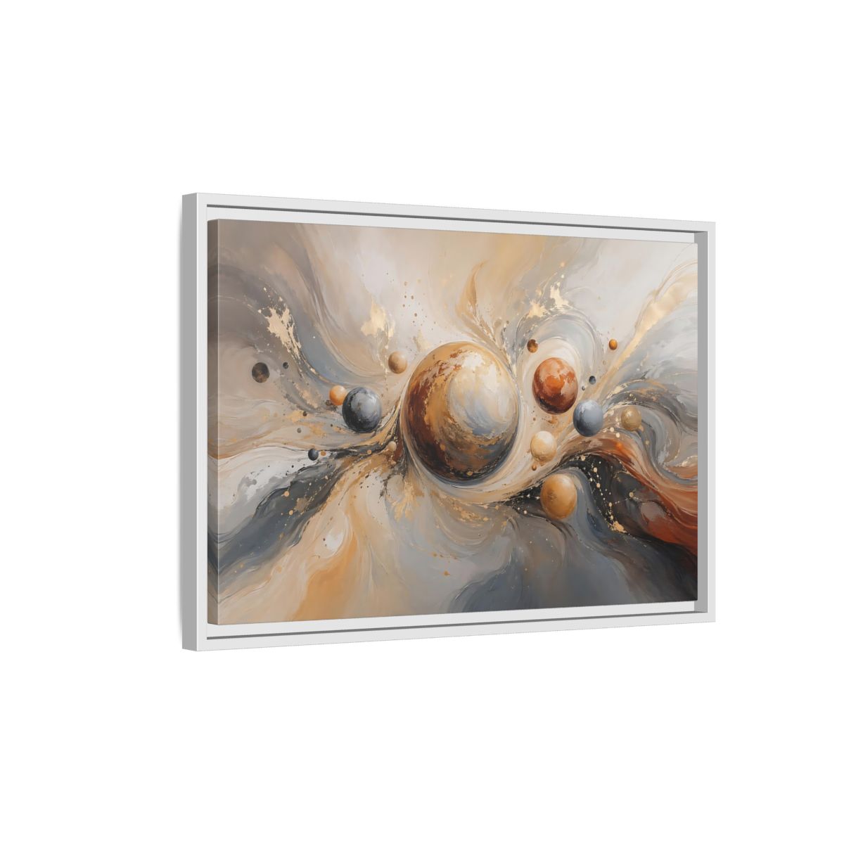 Side Mockup 1. Abstract Planets Brown And Gold shown as stretched canvas wall art