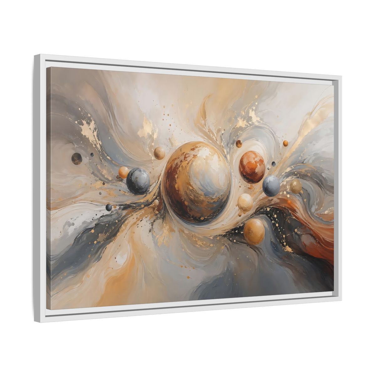 Side Mockup 10. Abstract Planets Brown And Gold shown as stretched canvas wall art