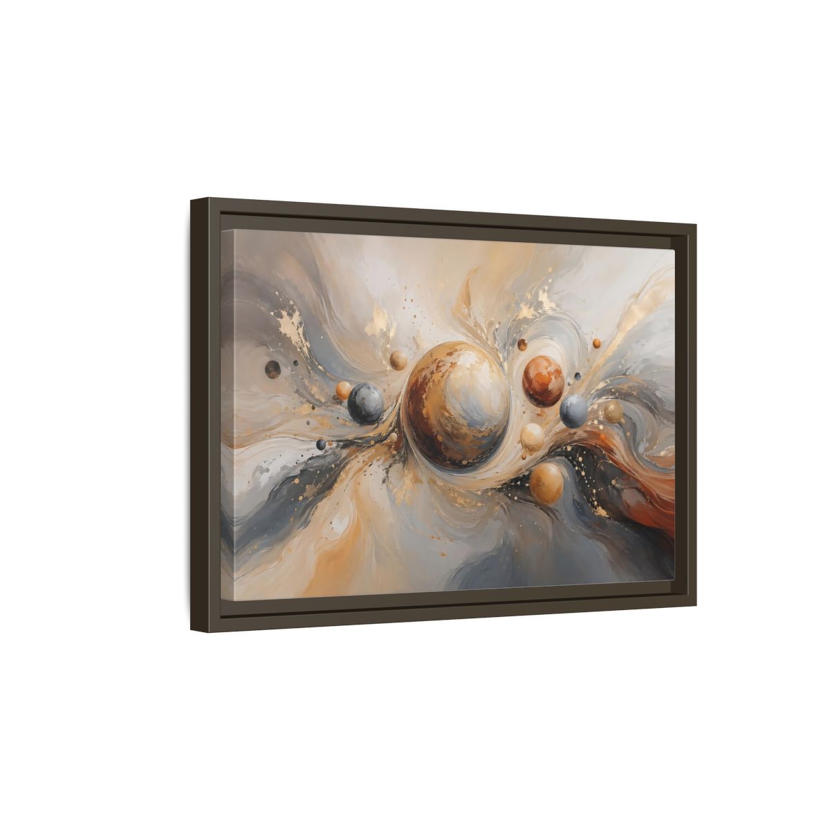Side Mockup 5. Abstract Planets Brown And Gold shown as stretched canvas wall art