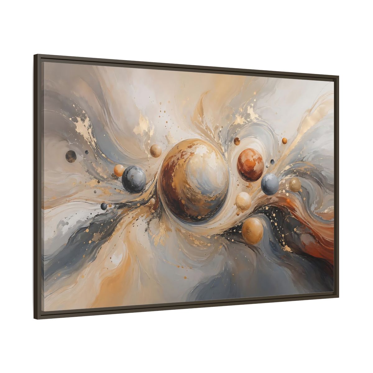 Side Mockup 8. Abstract Planets Brown And Gold shown as stretched canvas wall art