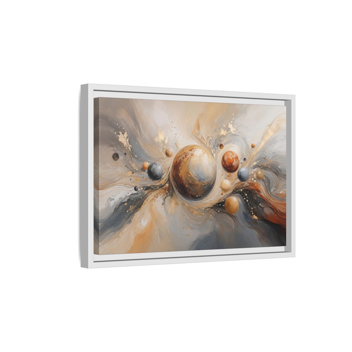 Side Mockup 4. Abstract Planets Brown And Gold shown as stretched canvas wall art