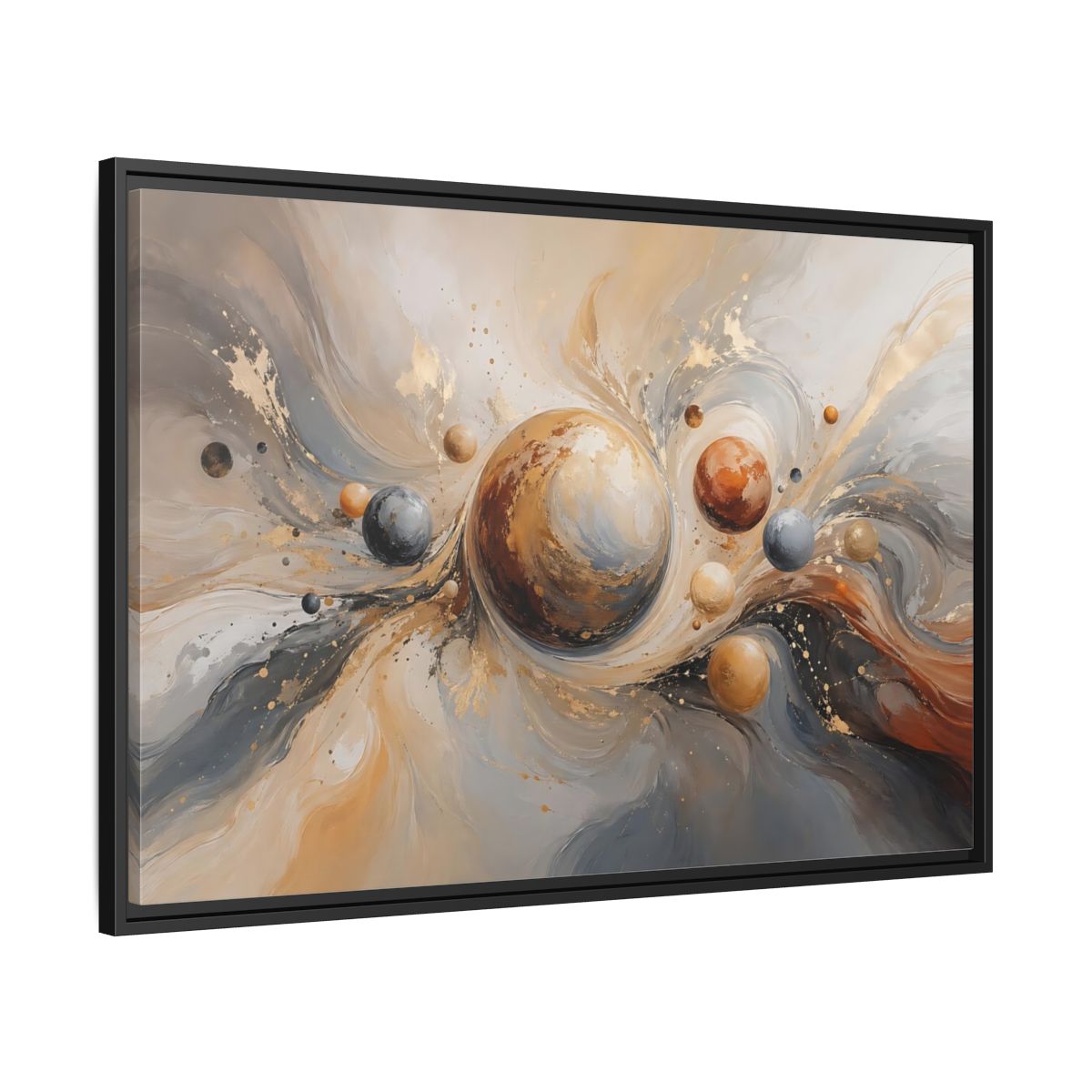 Side Mockup 13. Abstract Planets Brown And Gold shown as stretched canvas wall art