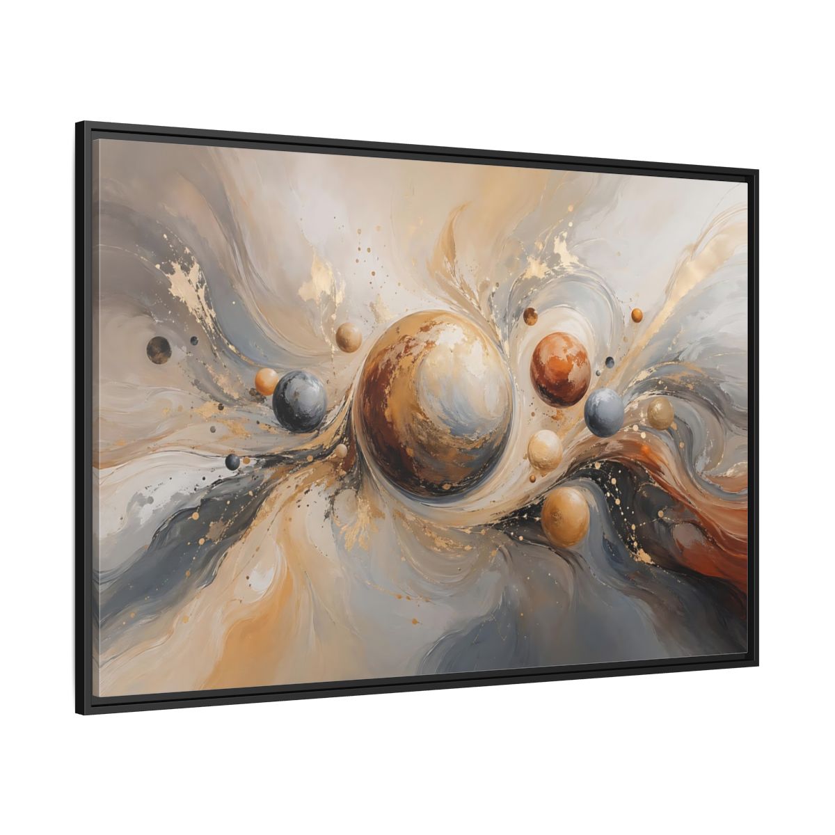 Side Mockup 12. Abstract Planets Brown And Gold shown as stretched canvas wall art