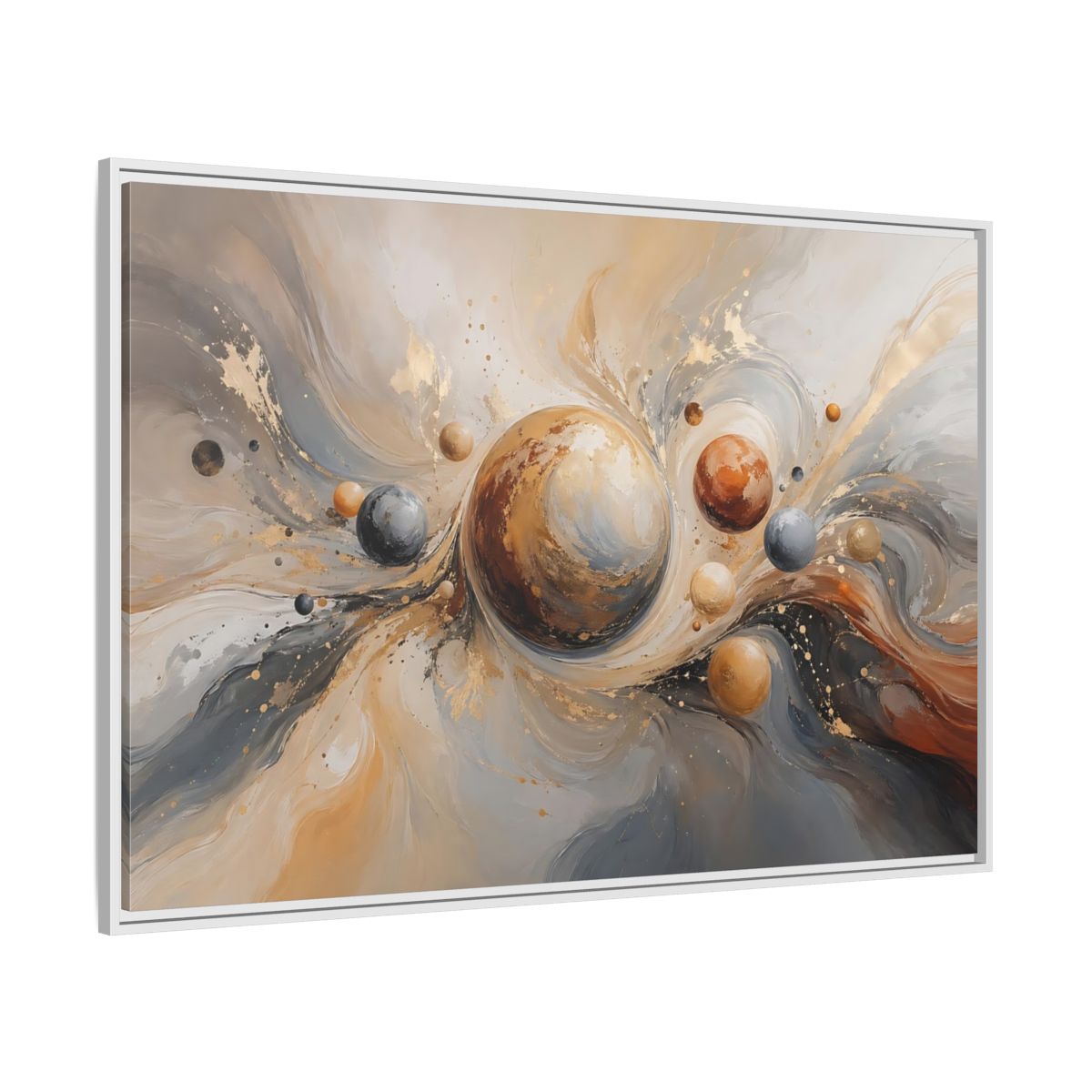 Side Mockup 7. Abstract Planets Brown And Gold shown as stretched canvas wall art