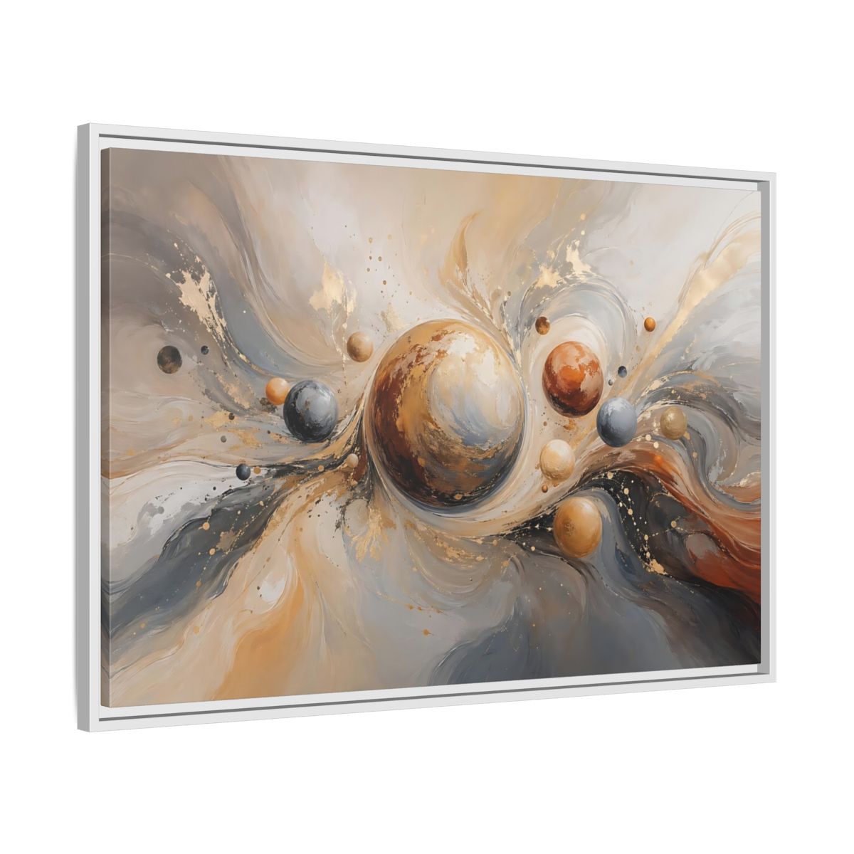 Side Mockup 9. Abstract Planets Brown And Gold shown as stretched canvas wall art