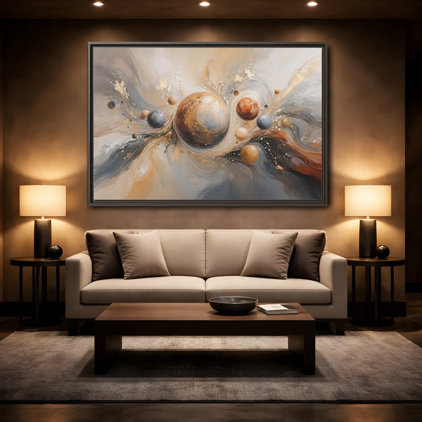 Mockup 2. Abstract Planets Brown And Gold shown as stretched canvas wall art