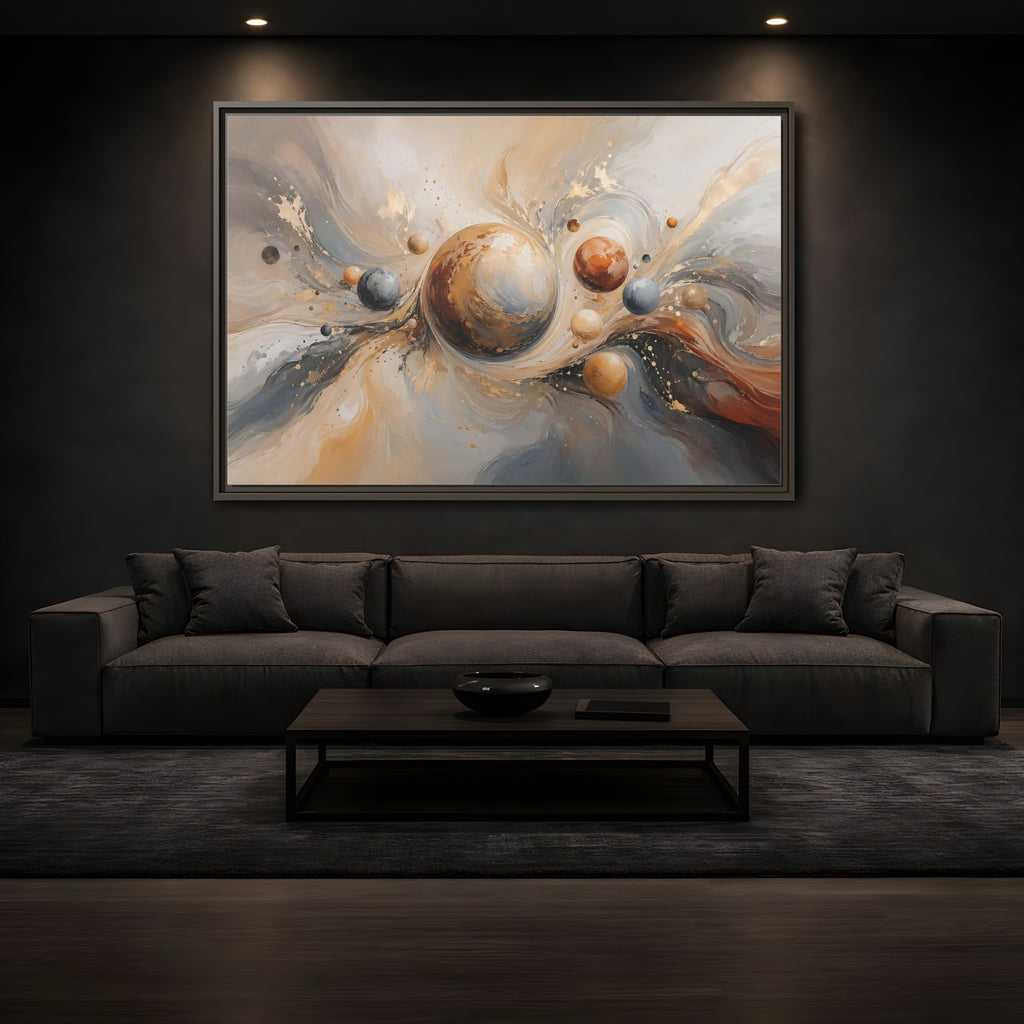 Mockup 3. Abstract Planets Brown And Gold shown as stretched canvas wall art