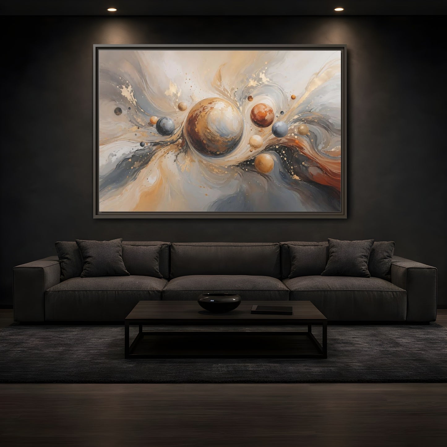 Mockup 3. Abstract Planets Brown And Gold shown as stretched canvas wall art