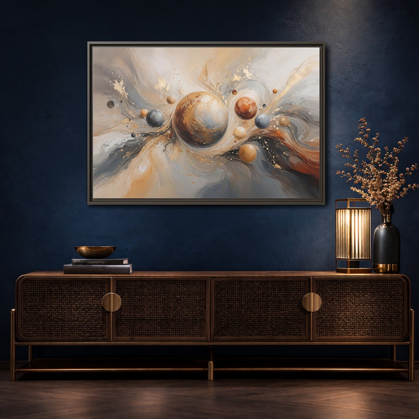 Mockup 4. Abstract Planets Brown And Gold shown as stretched canvas wall art