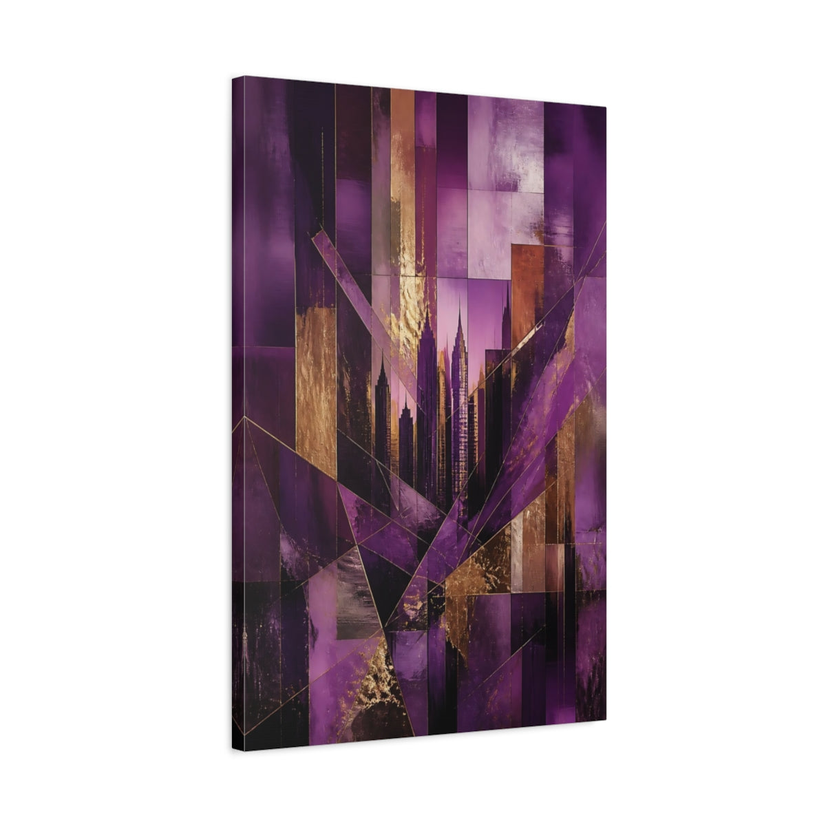 Side Mockup 2. Abstract Purple City Skyline shown as canvas print