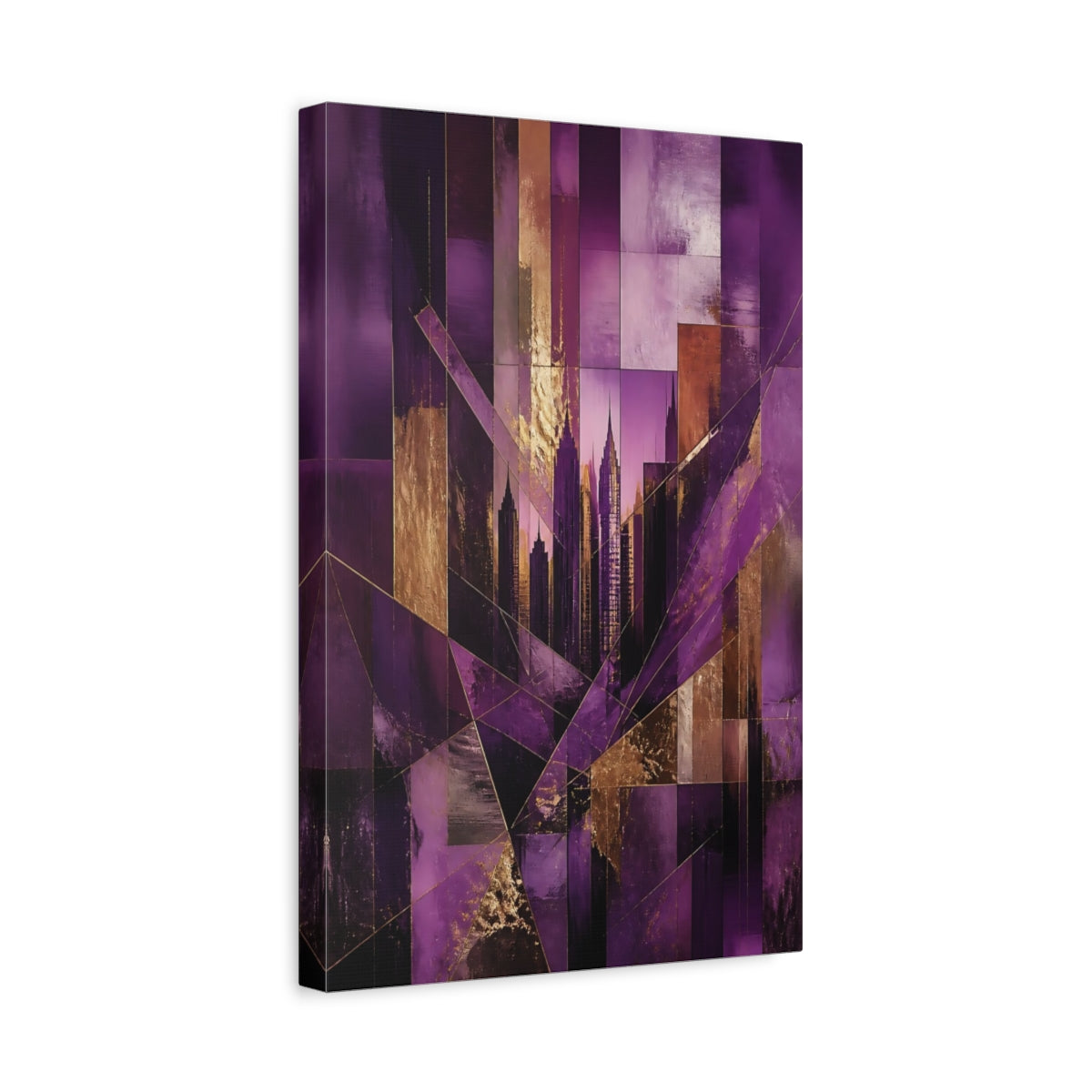 Side Mockup 4. Abstract Purple City Skyline shown as canvas print
