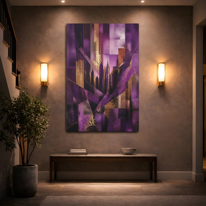 Mockup 2. Abstract Purple City Skyline shown as canvas print