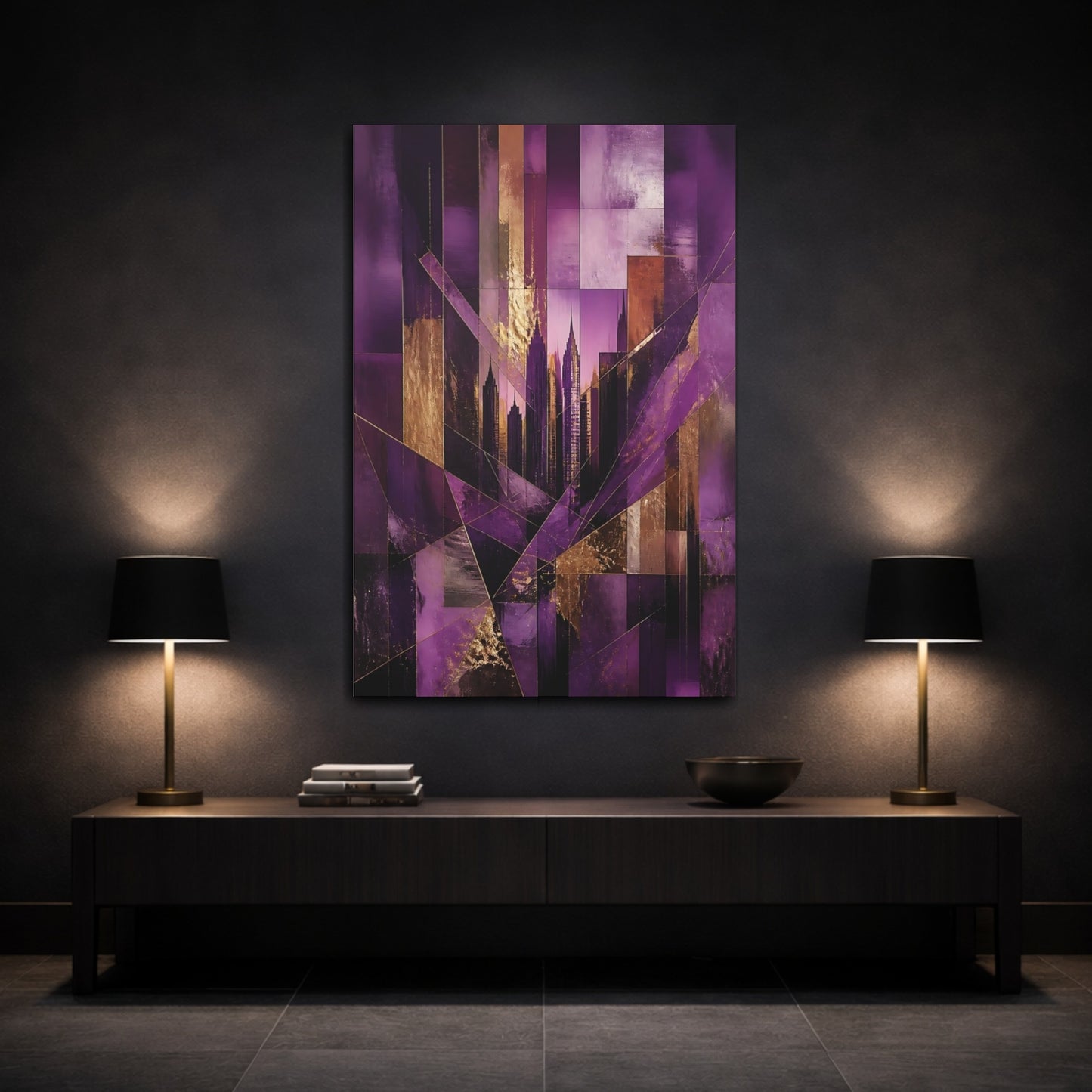 Mockup 3. Abstract Purple City Skyline shown as canvas print