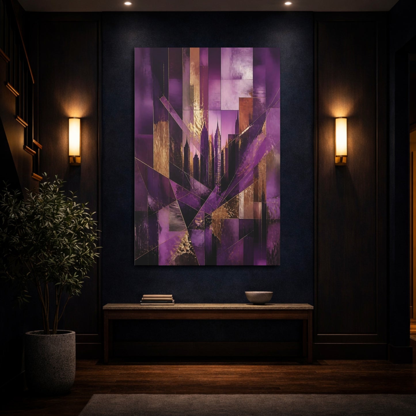 Mockup 4. Abstract Purple City Skyline shown as canvas print