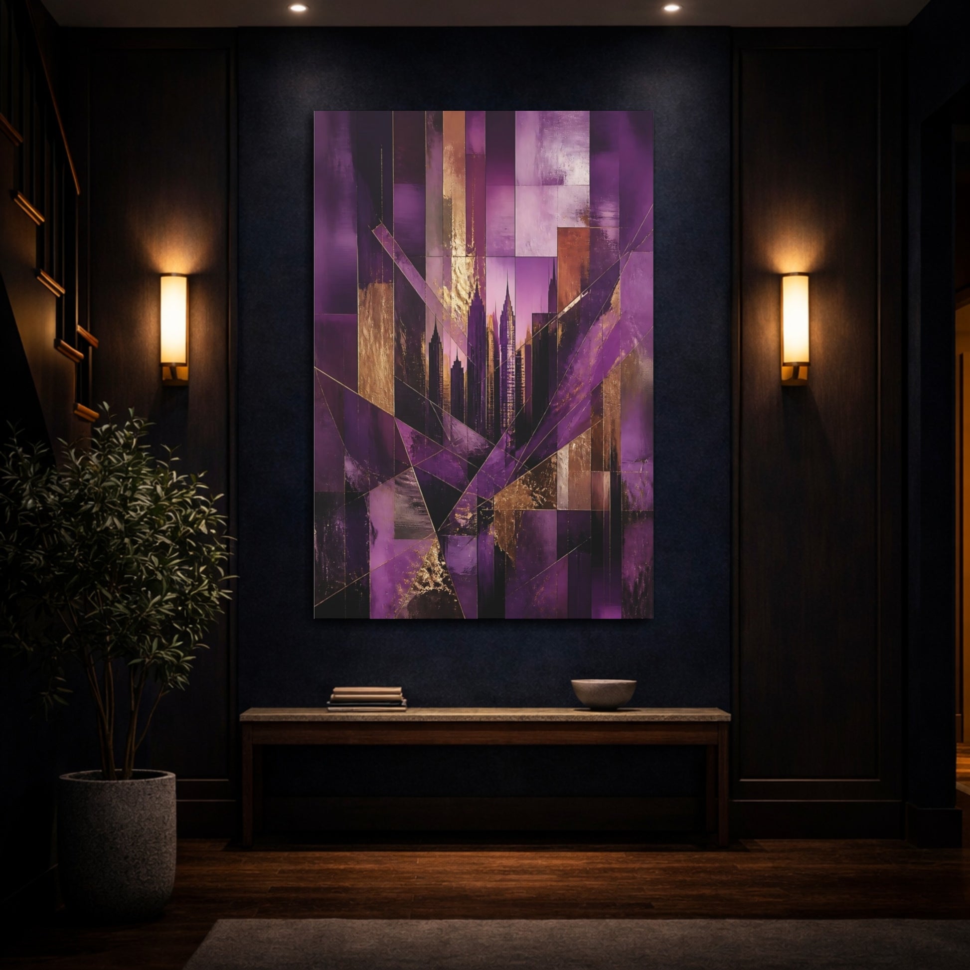 Mockup 4. Abstract Purple City Skyline shown as canvas print