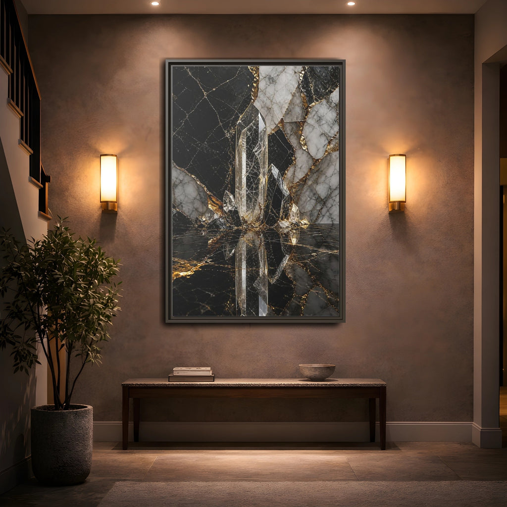 Mockup 2. Abstract Quartz Crystal Black And Gold shown as stretched canvas wall art