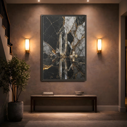 Mockup 2. Abstract Quartz Crystal Black And Gold shown as stretched canvas wall art