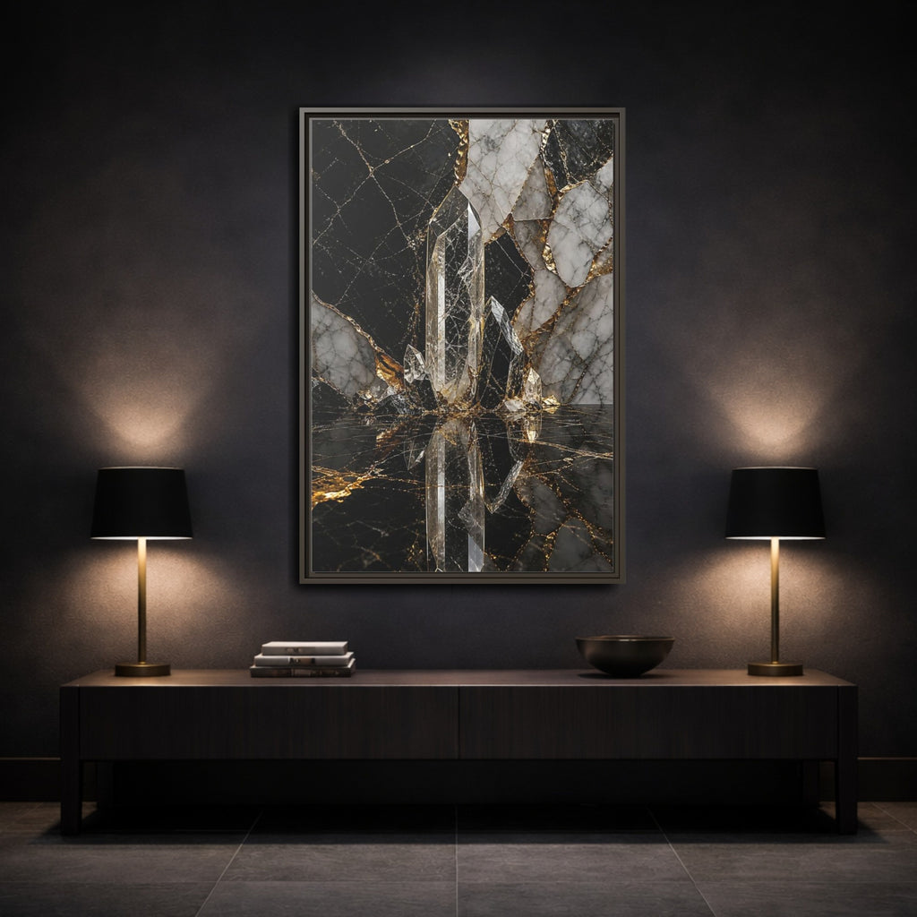 Mockup 3. Abstract Quartz Crystal Black And Gold shown as stretched canvas wall art