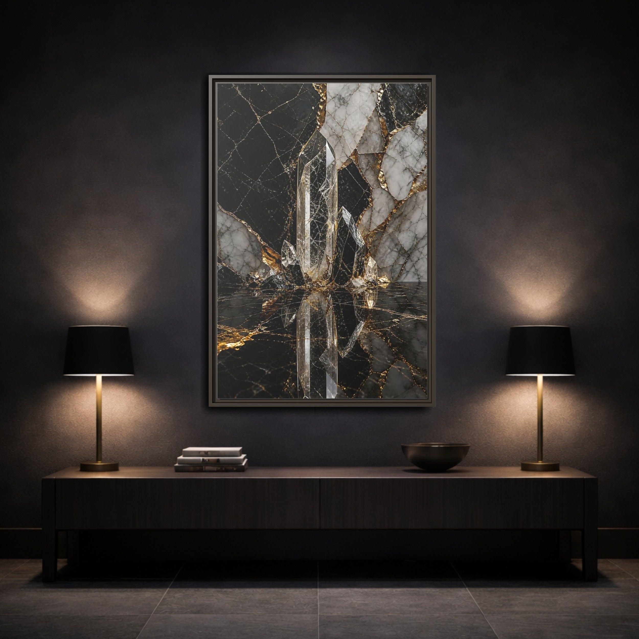 Mockup 3. Abstract Quartz Crystal Black And Gold shown as stretched canvas wall art