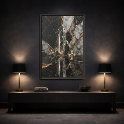 Mockup 3. Abstract Quartz Crystal Black And Gold shown as stretched canvas wall art