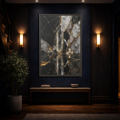Mockup 4. Abstract Quartz Crystal Black And Gold shown as stretched canvas wall art