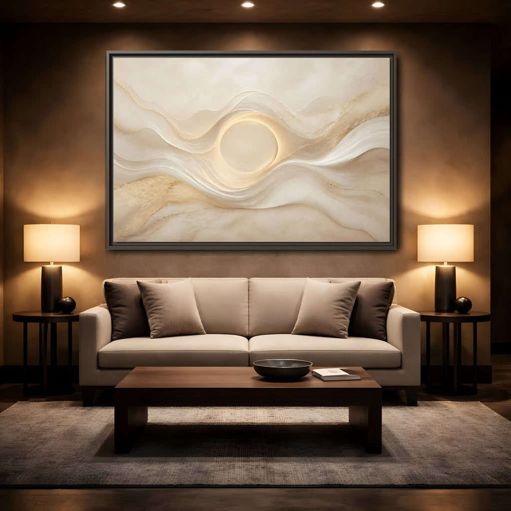 Mockup 2. Abstract Radiant Orb Warm Abstract Waves shown as stretched canvas wall art