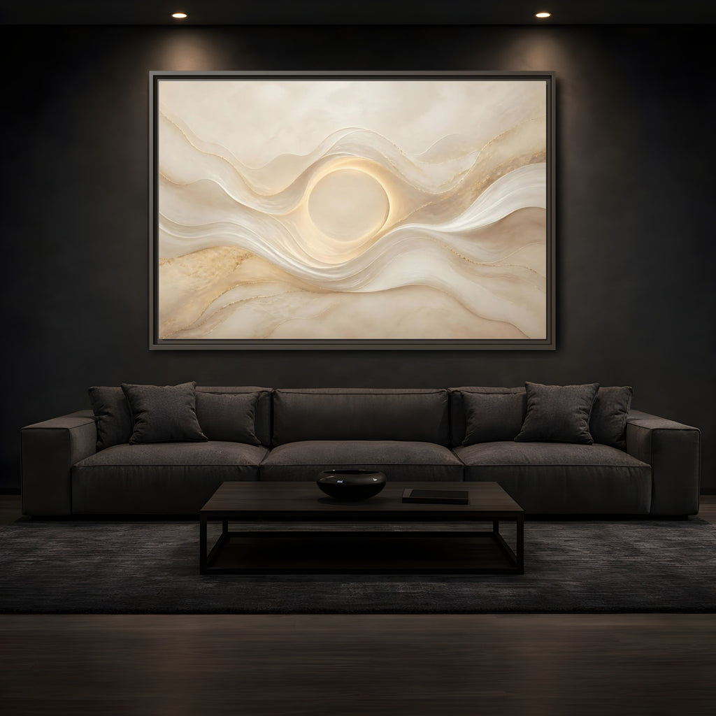 Mockup 3. Abstract Radiant Orb Warm Abstract Waves shown as stretched canvas wall art