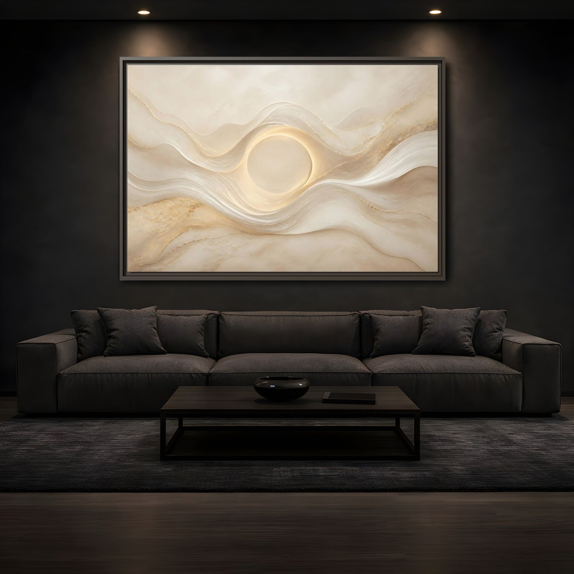 Mockup 3. Abstract Radiant Orb Warm Abstract Waves shown as stretched canvas wall art