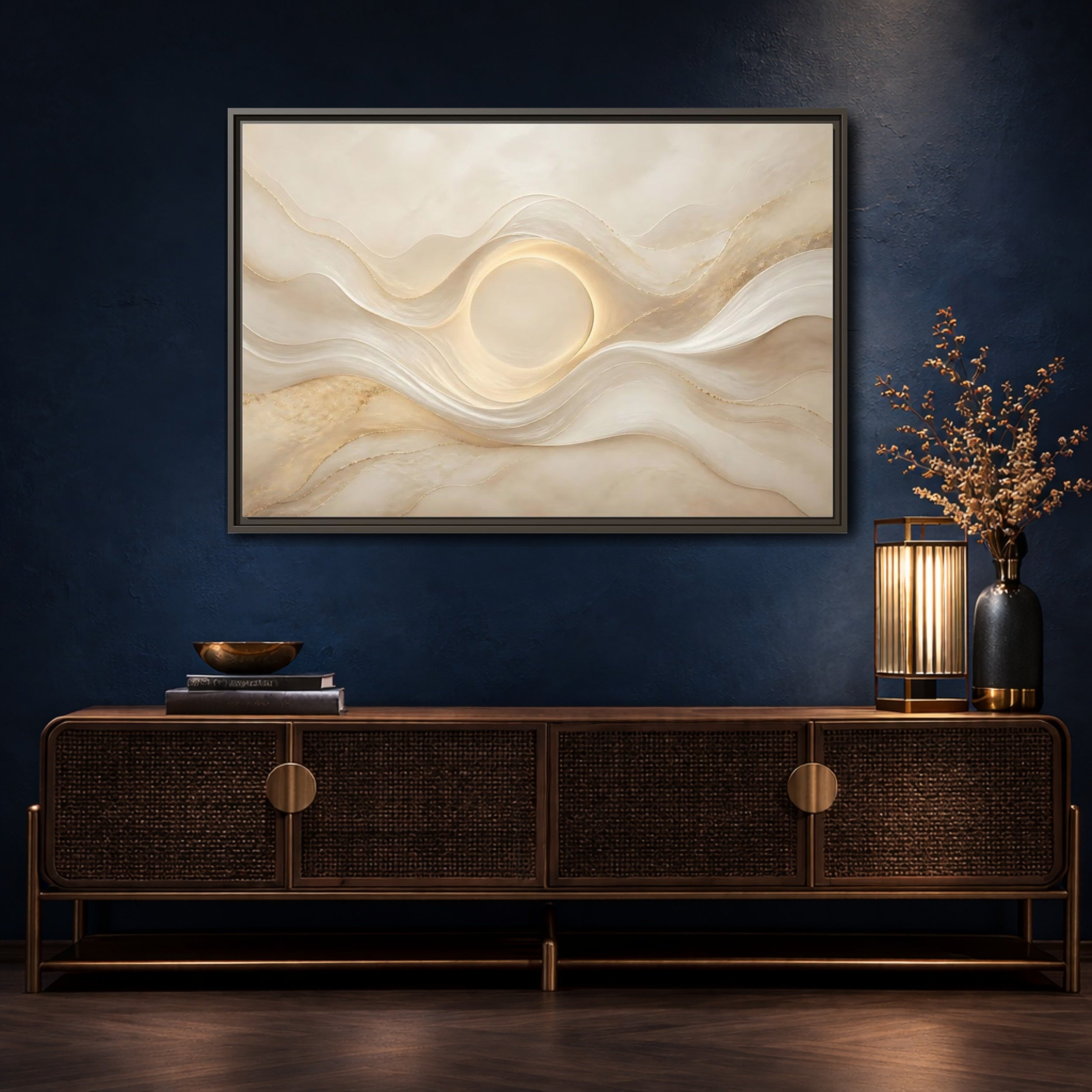 Mockup 4. Abstract Radiant Orb Warm Abstract Waves shown as stretched canvas wall art
