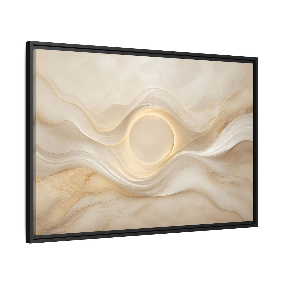 Side Mockup 13. Abstract Radiant Orb Warm Abstract Waves shown as stretched canvas wall art