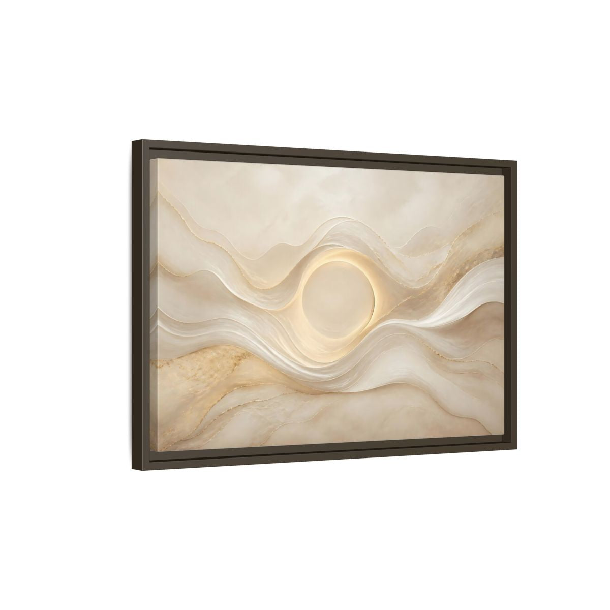 Side Mockup 2. Abstract Radiant Orb Warm Abstract Waves shown as stretched canvas wall art