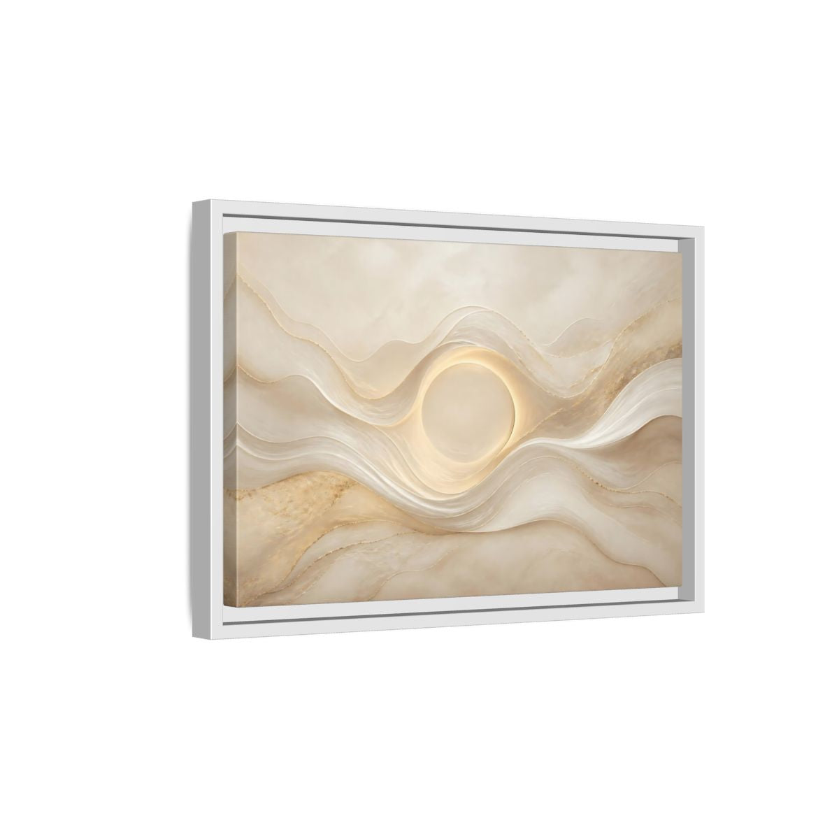 Side Mockup 4. Abstract Radiant Orb Warm Abstract Waves shown as stretched canvas wall art
