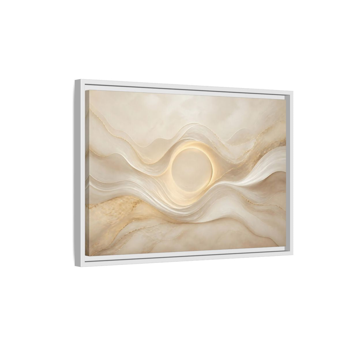 Side Mockup 1. Abstract Radiant Orb Warm Abstract Waves shown as stretched canvas wall art
