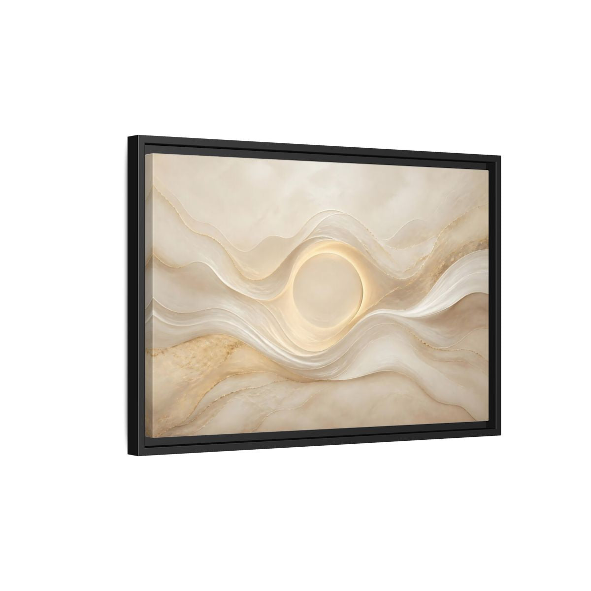 Side Mockup 3. Abstract Radiant Orb Warm Abstract Waves shown as stretched canvas wall art
