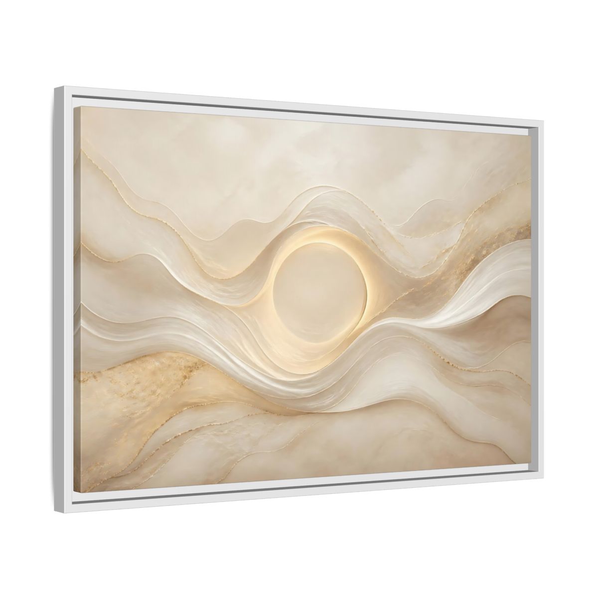 Side Mockup 10. Abstract Radiant Orb Warm Abstract Waves shown as stretched canvas wall art