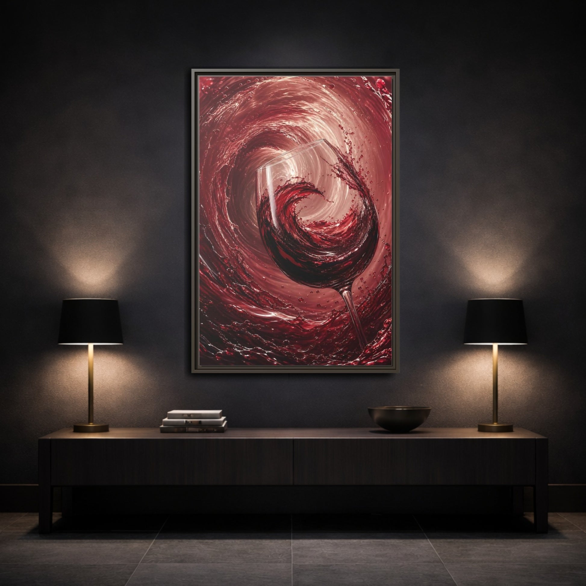 Abstract Red Wine Splash Framed Canvas Wall Art - Dining Room, Above Sideboard shown as canvas wall art