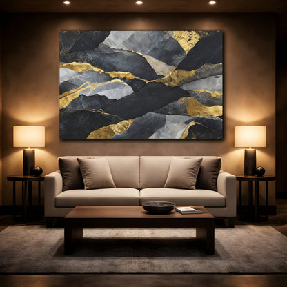 Mockup 2. Abstract Rock Texture Black And Gold Abstract shown as stretched canvas wall art