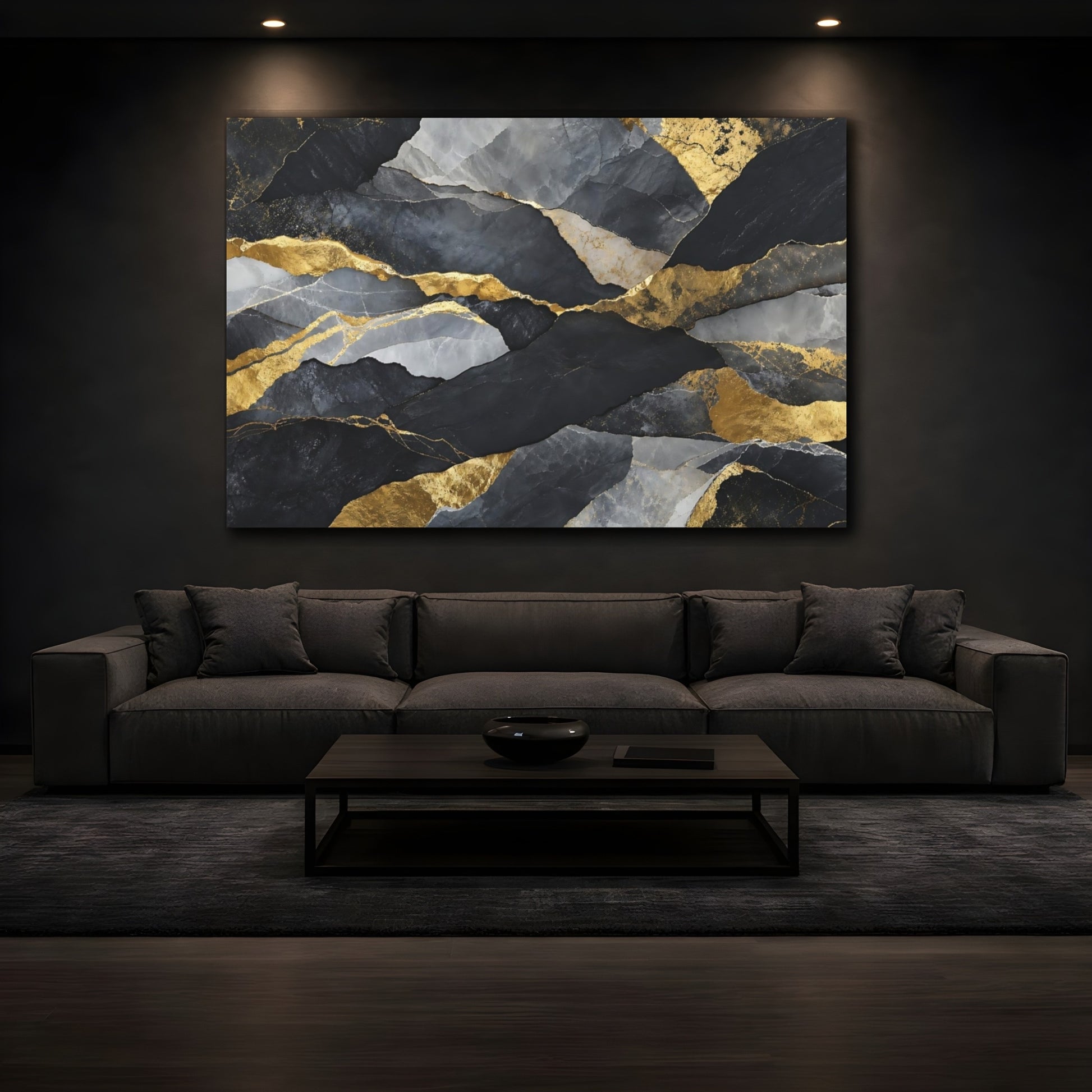 Mockup 3. Abstract Rock Texture Black And Gold Abstract shown as stretched canvas wall art